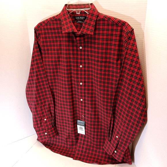 Lauren Ralph Lauren Red Plaid Slim Fit Non Iron Button Down Shirt Men 17 34/35 - Picture 3 of 10